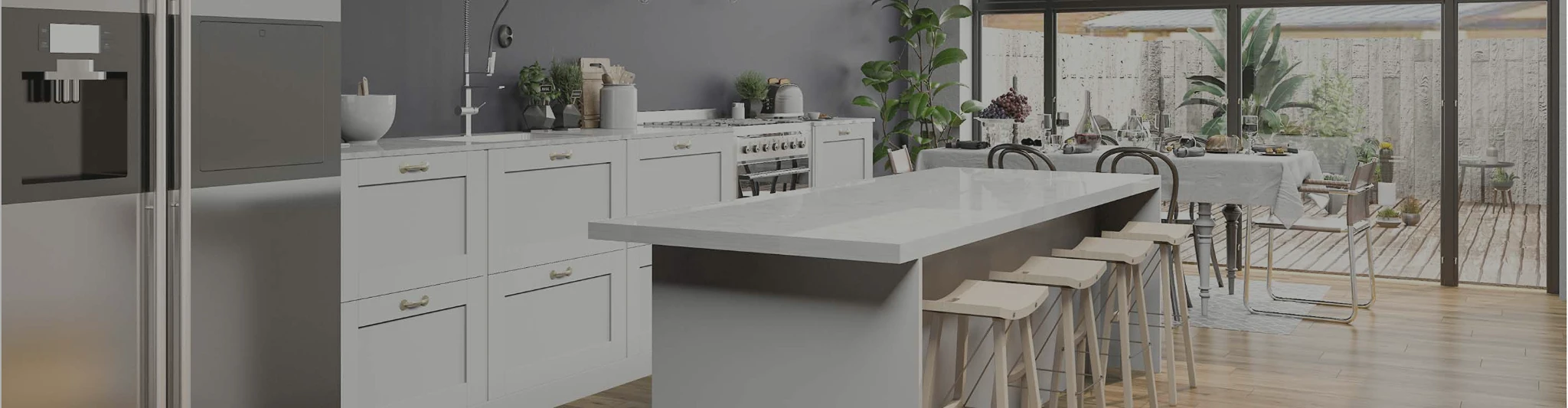White countertops with 4 barstools and wood-look floors
